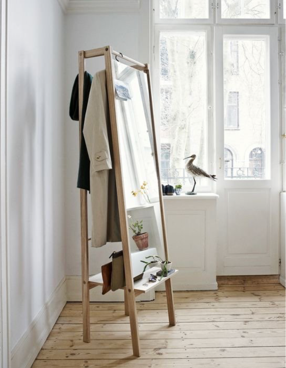 Solid Wood Standing Mirror With Coat Racks